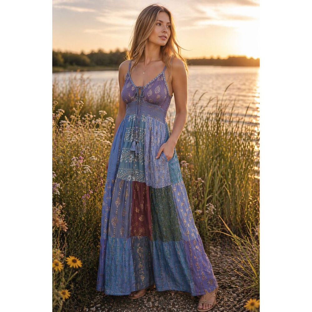Blue Patchwork Maxi Sundress Gold Metallic Boho, Flowy Artisan Dress - Picture 2 of 4